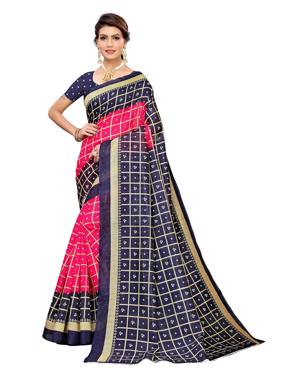 

Yashika Pink & Navy Blue Checked Art Silk Saree