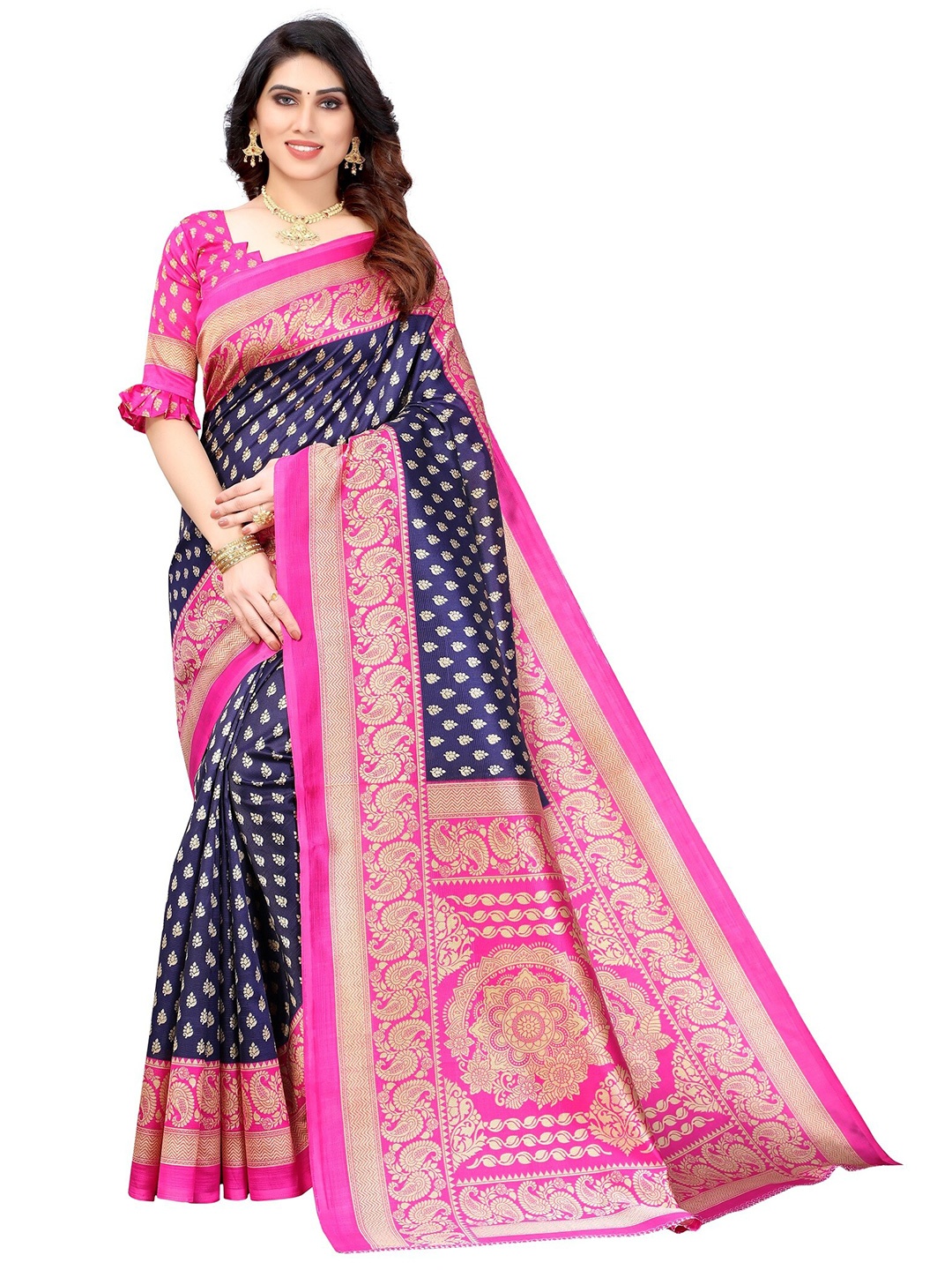 

Yashika Navy Blue & Magenta Ethnic Motifs Art Silk Saree