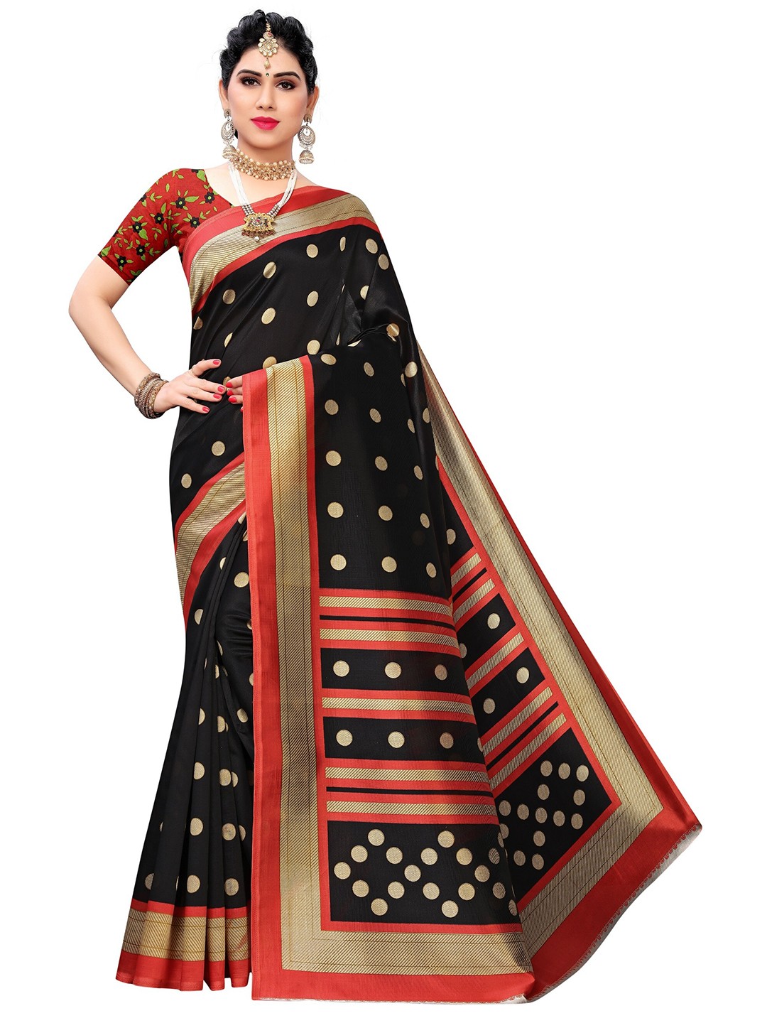 

Yashika Black & Gold-Toned Floral Printed Art Silk Saree