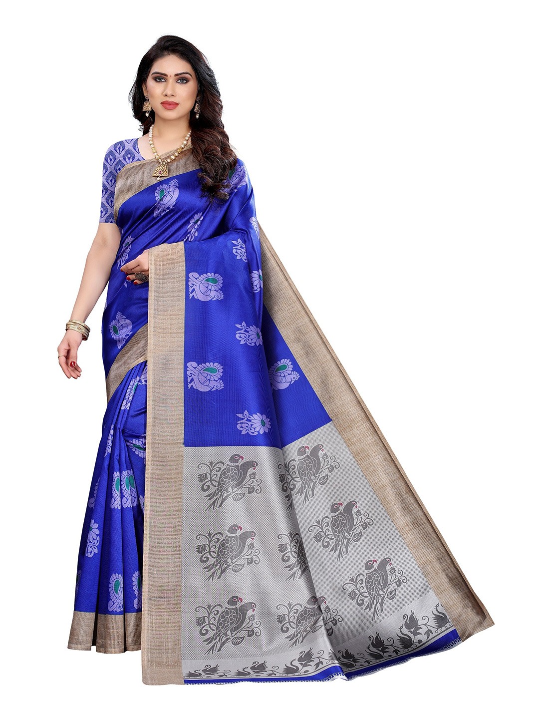 

Yashika Blue & Grey Ethnic Motifs Art Silk Saree