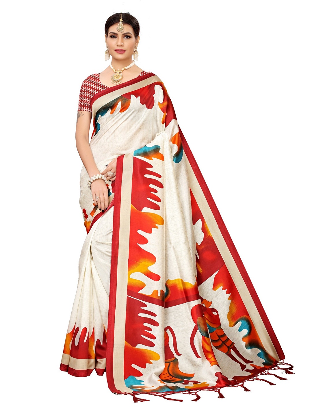 

Yashika Maroon & White Floral Art Silk Saree