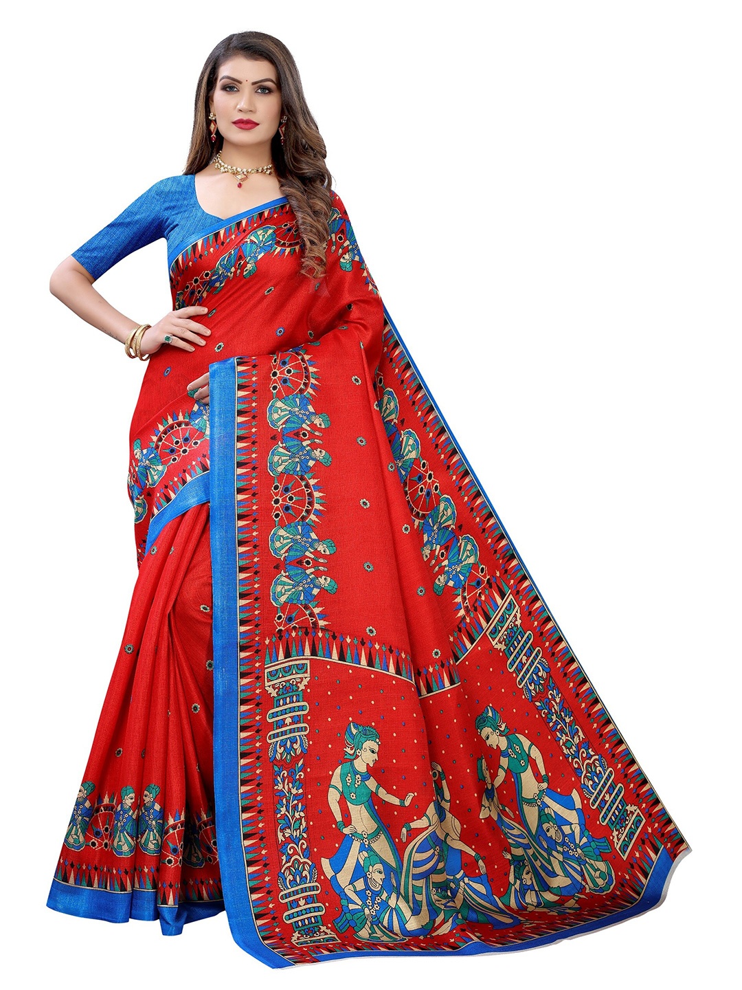 

Yashika Red & Blue Ethnic Motifs Printed Art Silk Saree