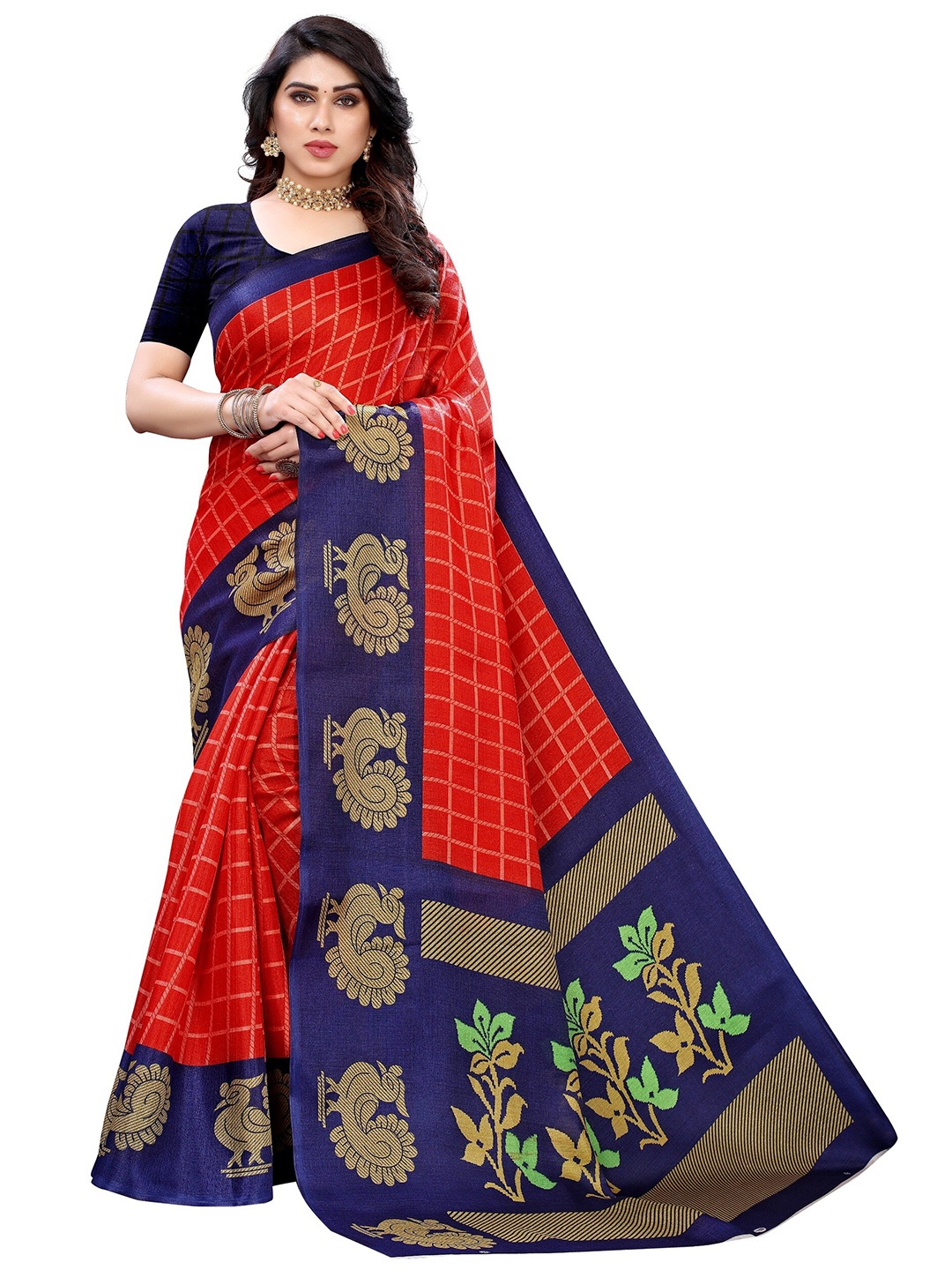 

Yashika Red & Blue Ethnic Motifs Art Silk Saree