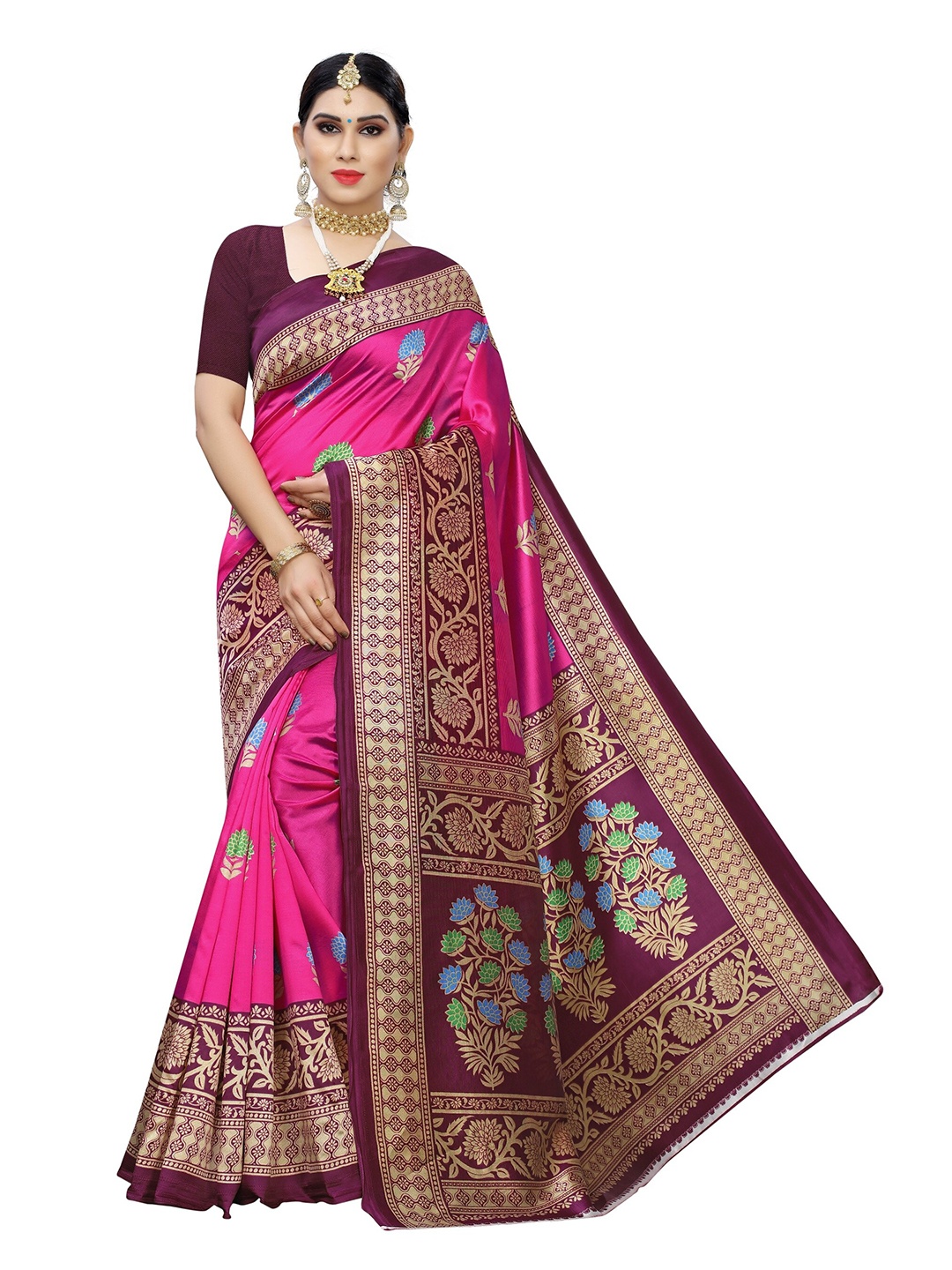 

Yashika Pink & Burgundy Ethnic Motifs Zari Art Silk Saree