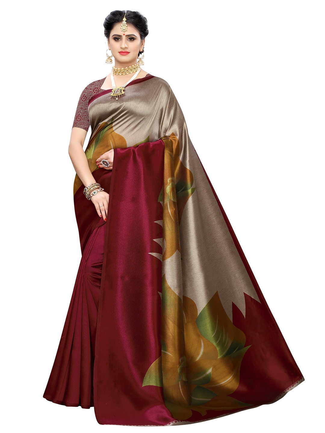 

Yashika Brown & Grey Floral Printed Art Silk Saree