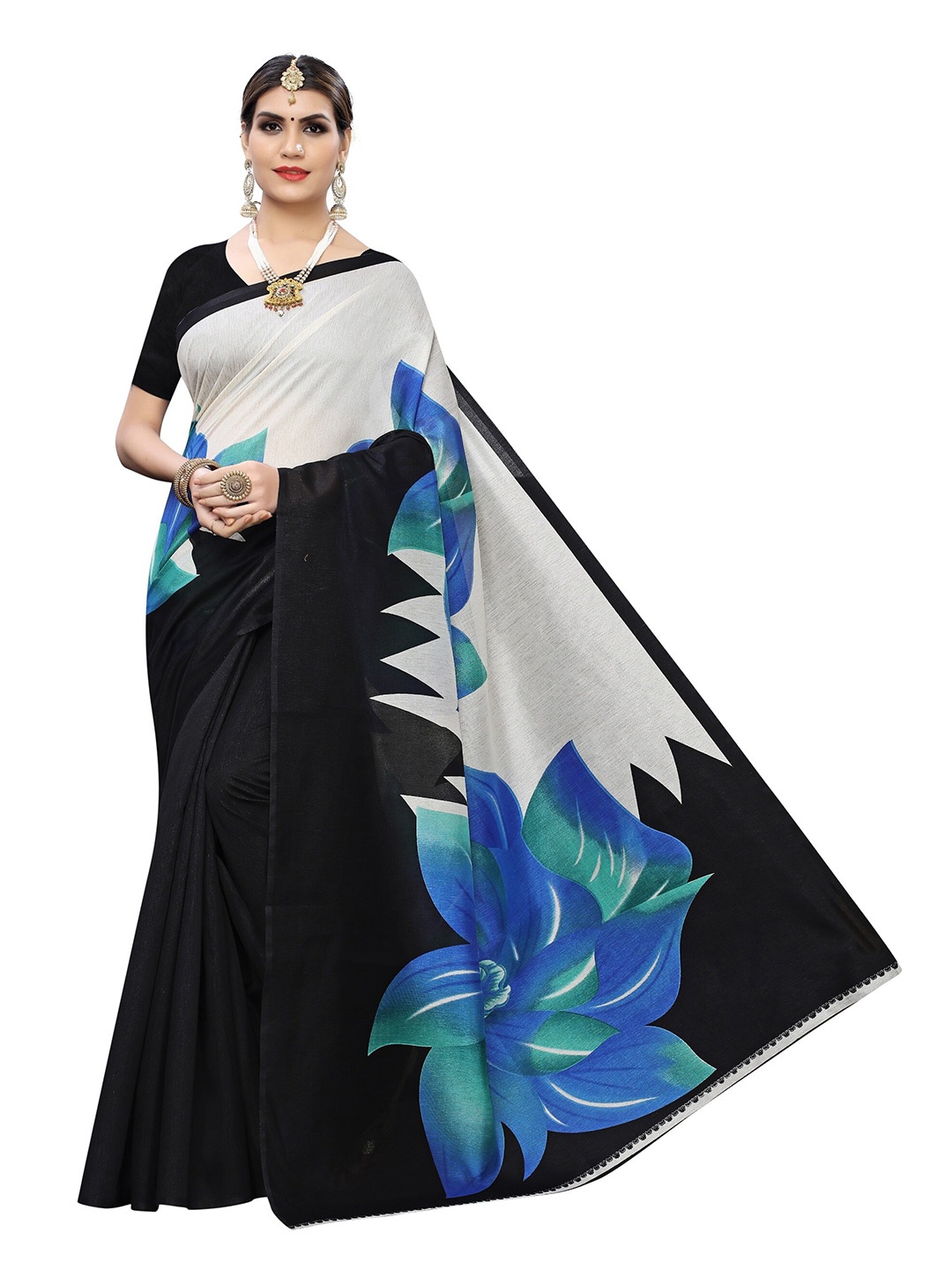 

Yashika Black & Blue Floral Art Silk Khadi Saree