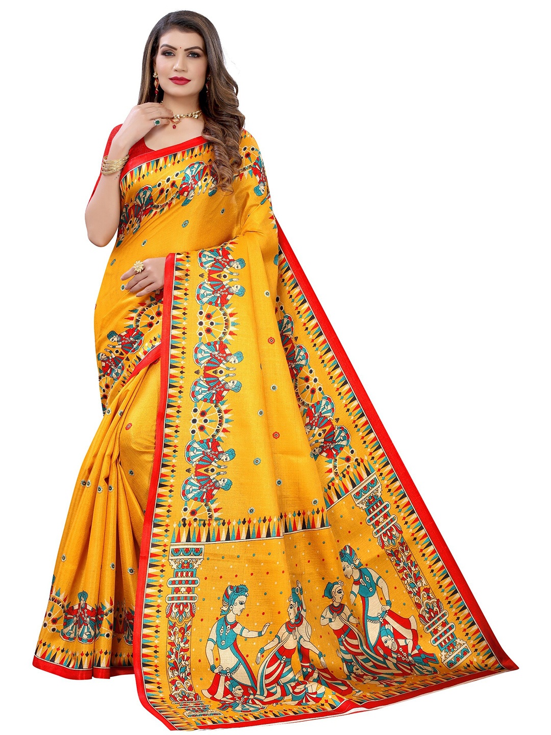 

Yashika Yellow & Red Ethnic Motifs Art Silk Khadi Saree