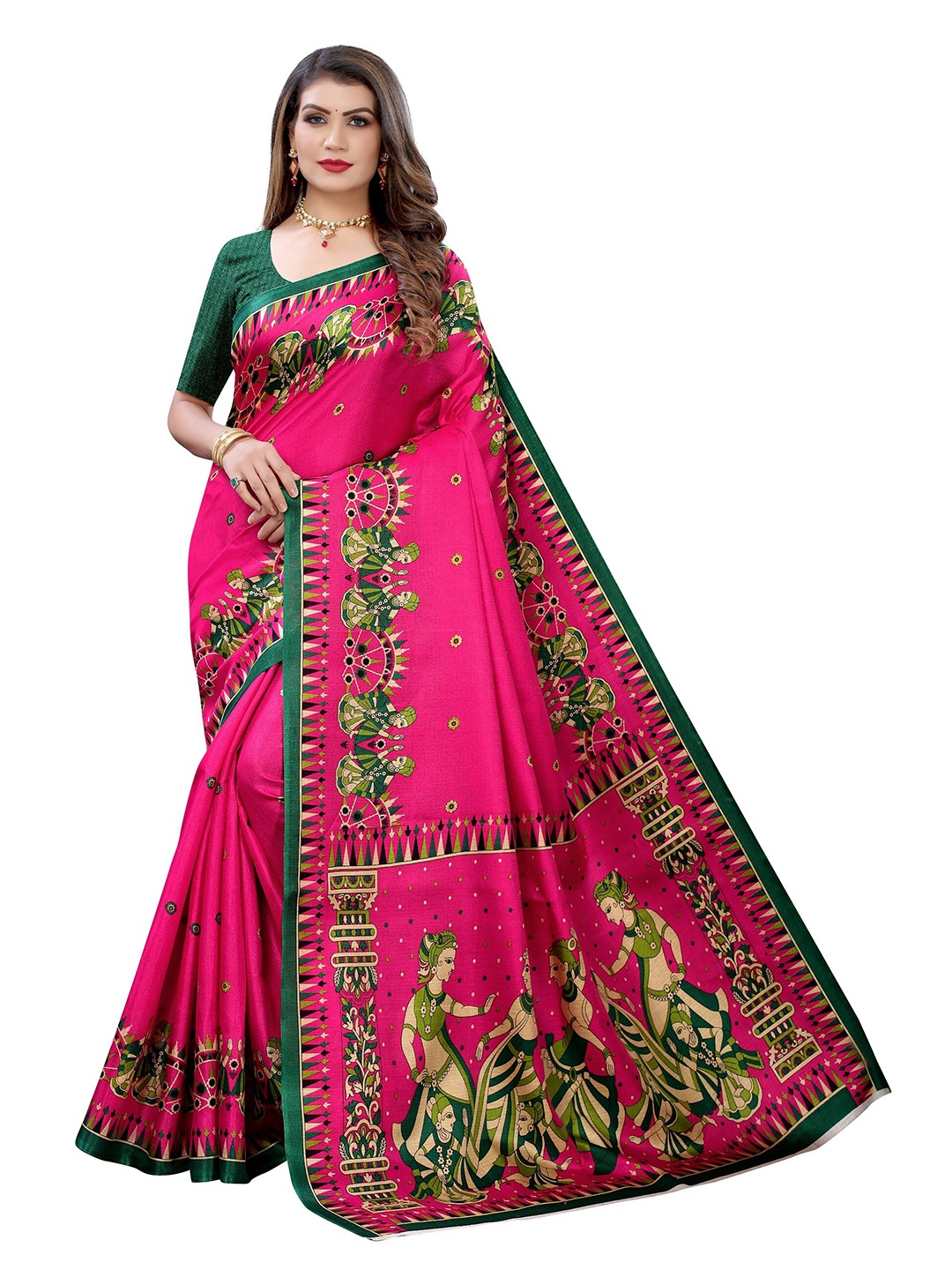 

Yashika Pink & Green Ethnic Motifs Printed Zari Art Silk Saree