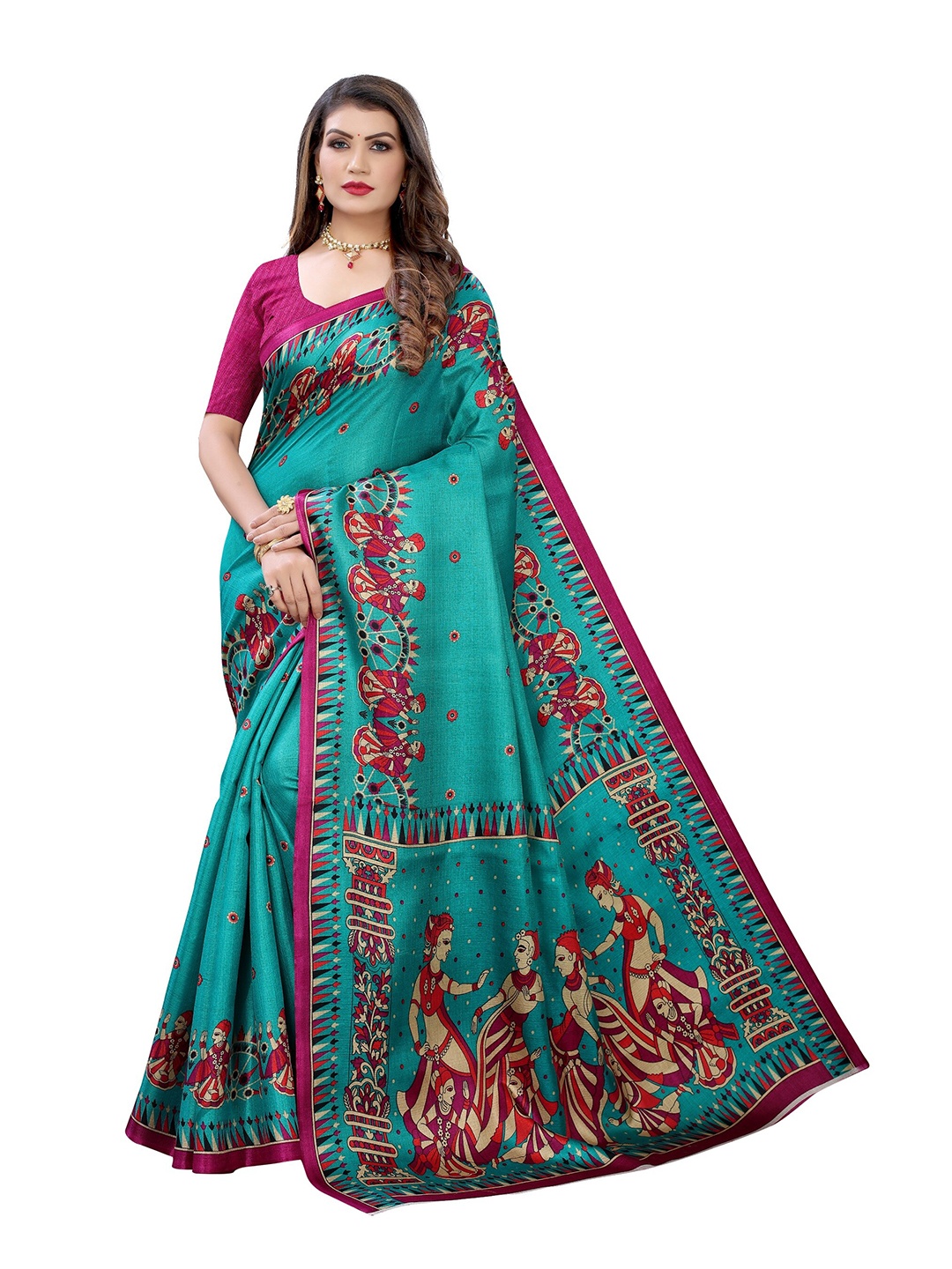 

Yashika Teal Green & Pink Ethnic Motifs Art Silk Saree