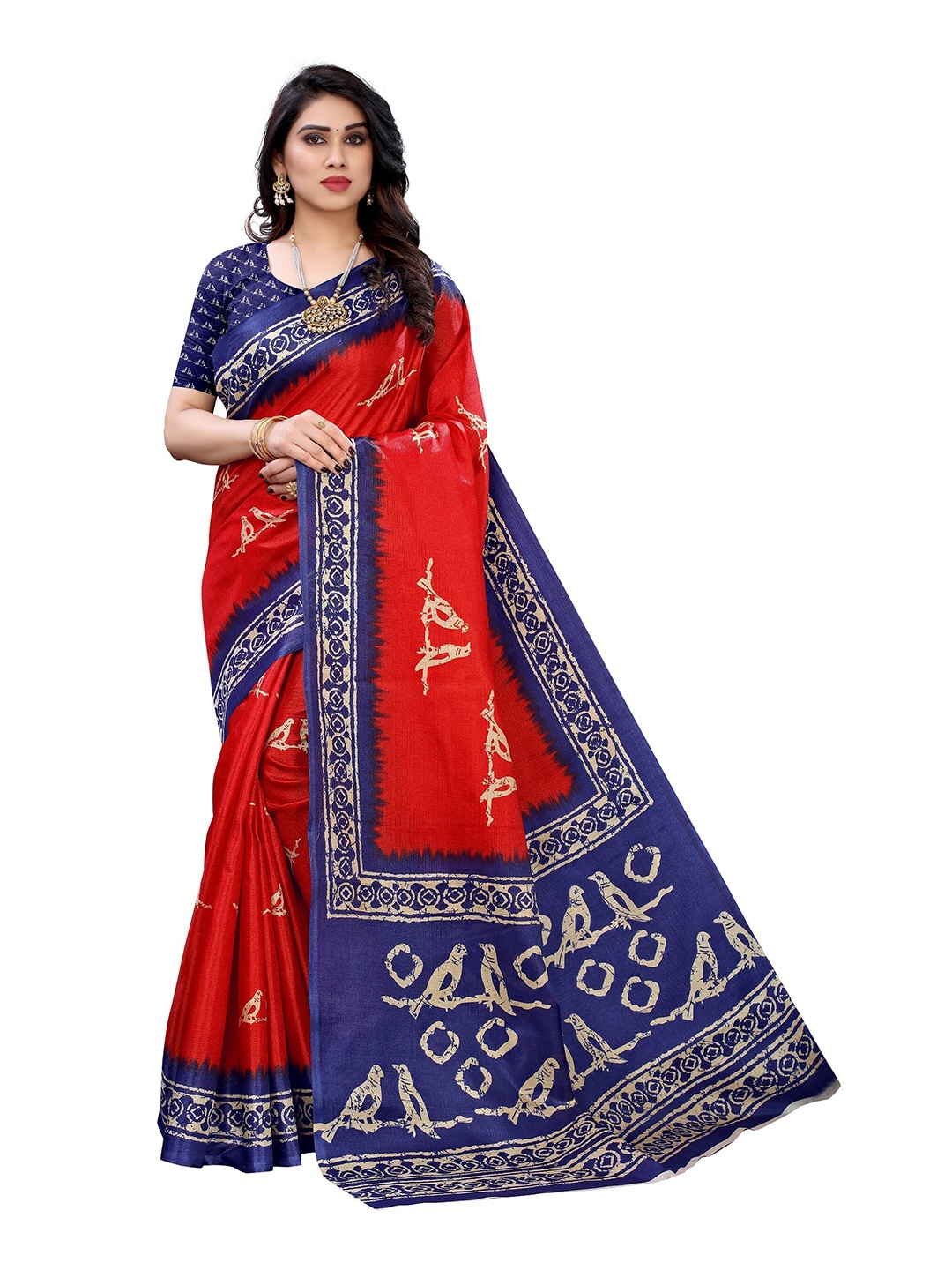 

Yashika Red & Blue Ethnic Motifs Art Silk Saree