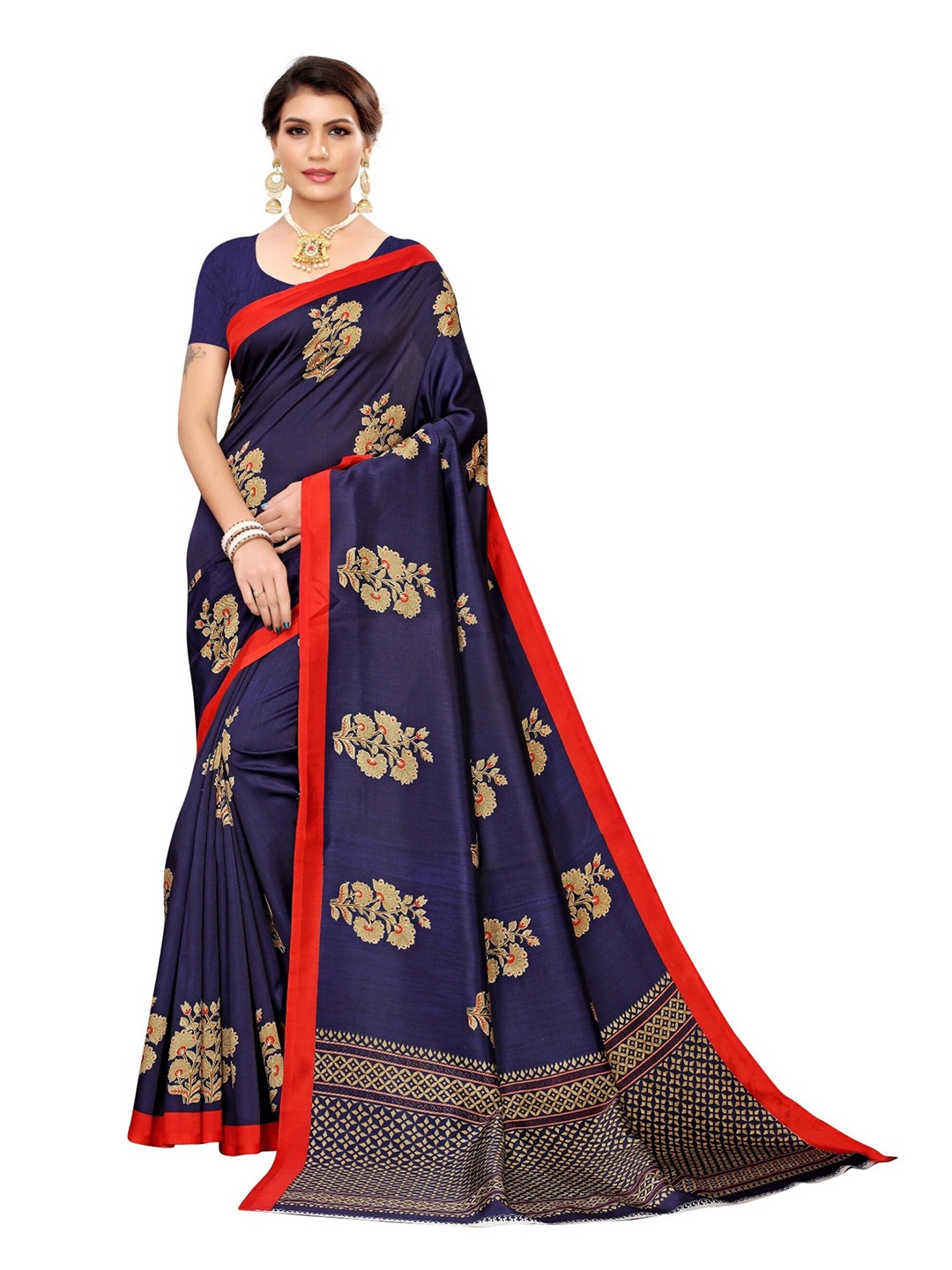 

Yashika Navy Blue & Red Floral Printed Art Silk Saree