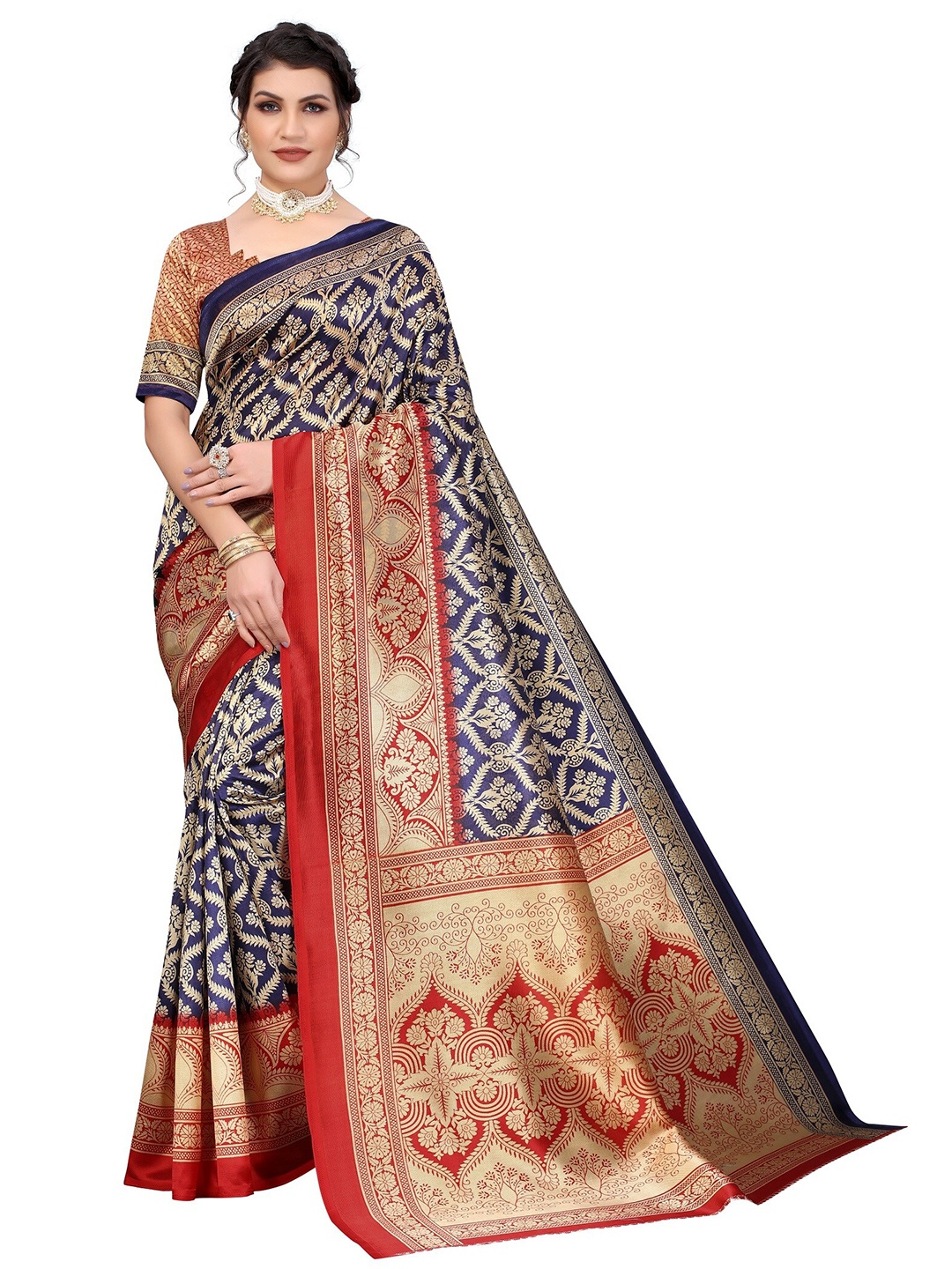 

Yashika Navy Blue & Red Ethnic Motifs Printed Art Silk Saree