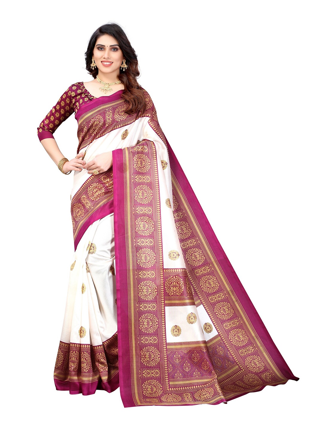 

Yashika Purple & White Ethnic Motifs Art Silk Saree