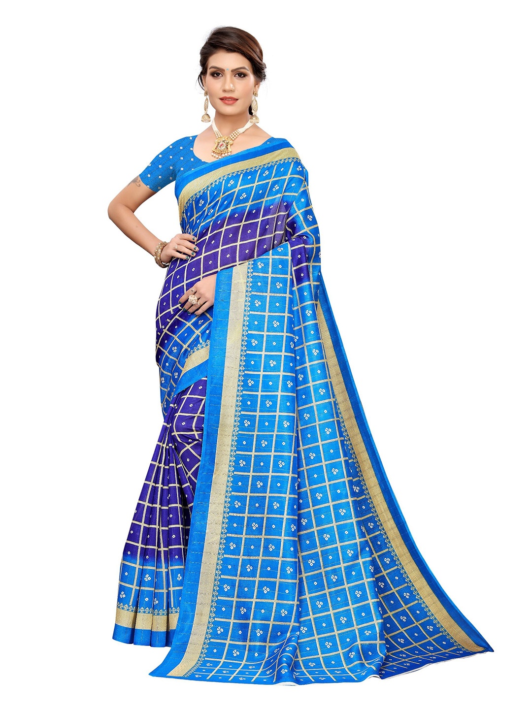 

Yashika Navy Blue & Turquoise Blue Checked Zari Art Silk Saree