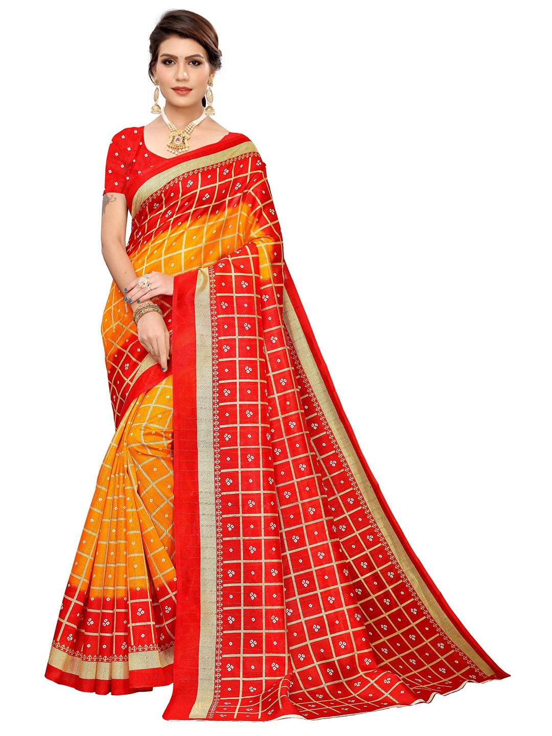 

Yashika Yellow & Red Checked Art Silk Saree