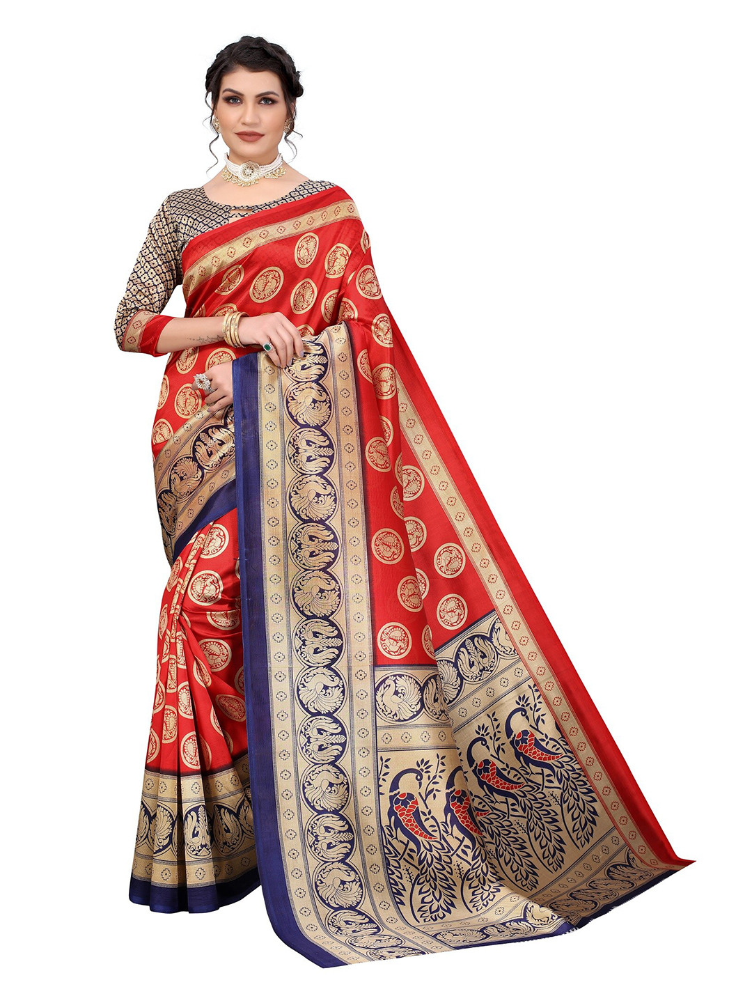 

Yashika Red & Blue Ethnic Motifs Zari Art Silk Saree