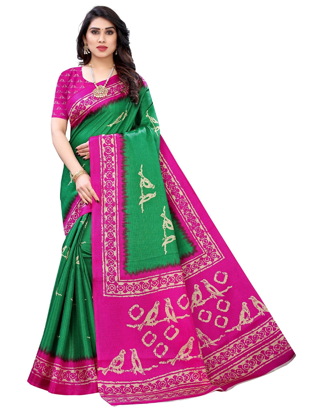 

Yashika Green & Magenta Ethnic Motifs Art Silk Saree