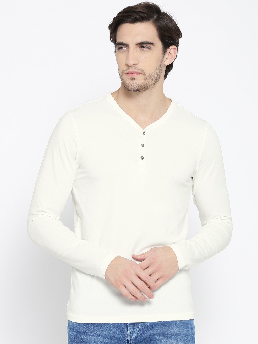 

Jack & Jones Men Off-White Solid V-Neck T-shirt