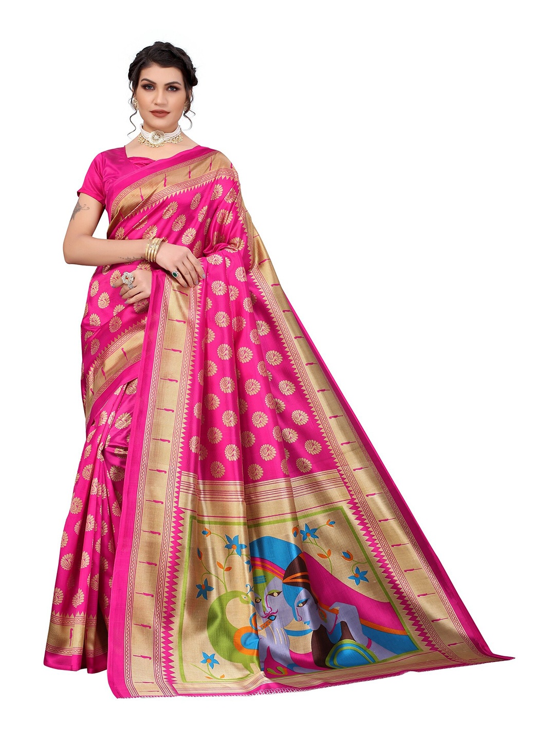 

Yashika Pink & Blue Ethnic Motifs Art Silk Saree