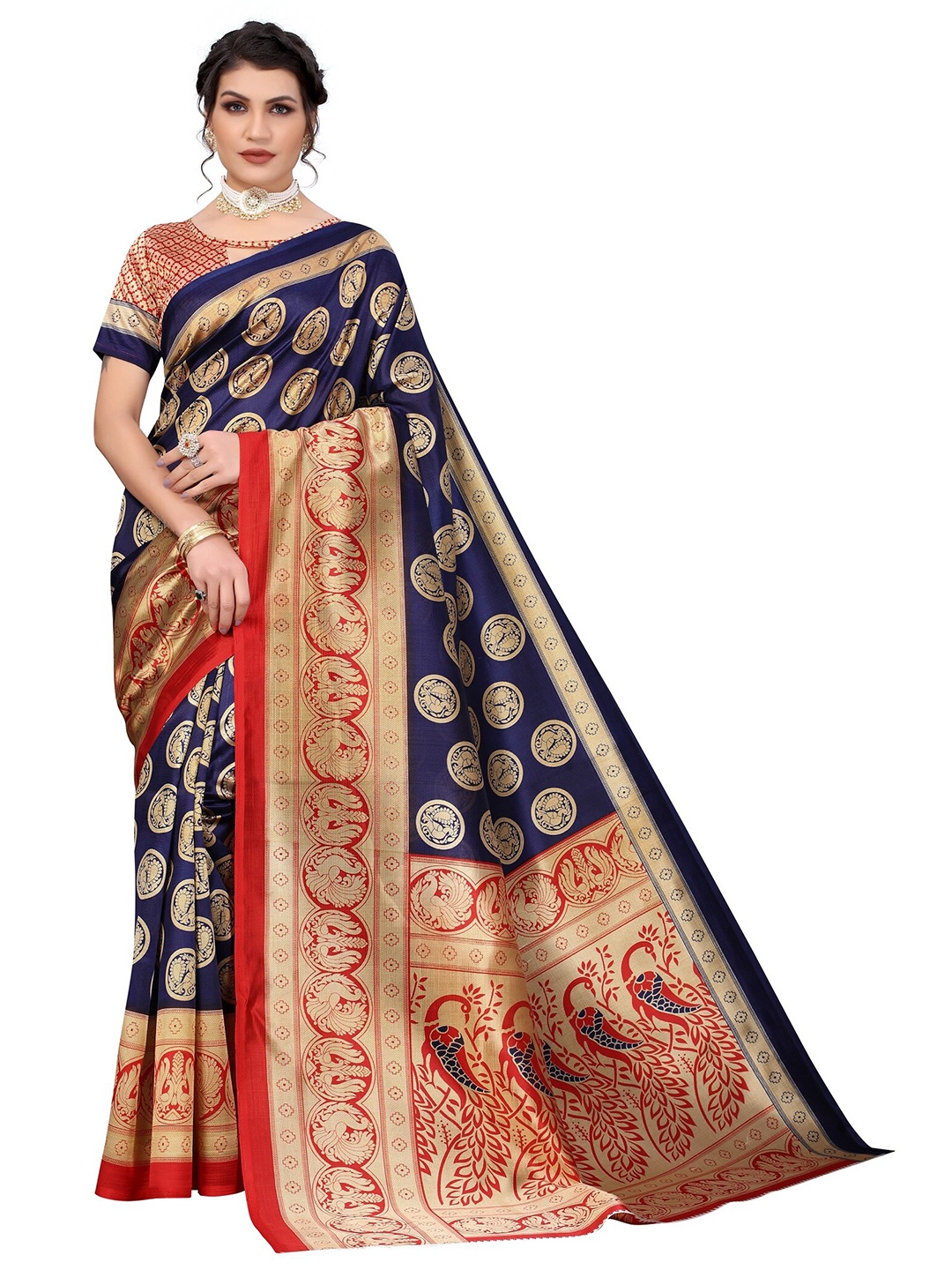 

Yashika Navy Blue & Red Art Silk Saree