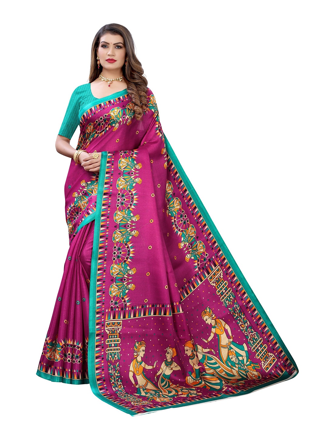 

Yashika Purple & Turquoise Blue Ethnic Motifs Printed Zari Art Silk Saree