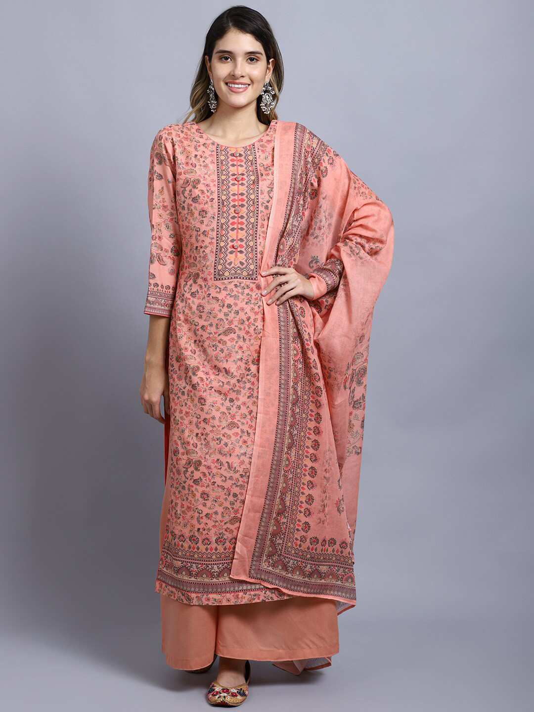

Stylee LIFESTYLE Peach-Coloured & Grey Printed Unstitched Dress Material