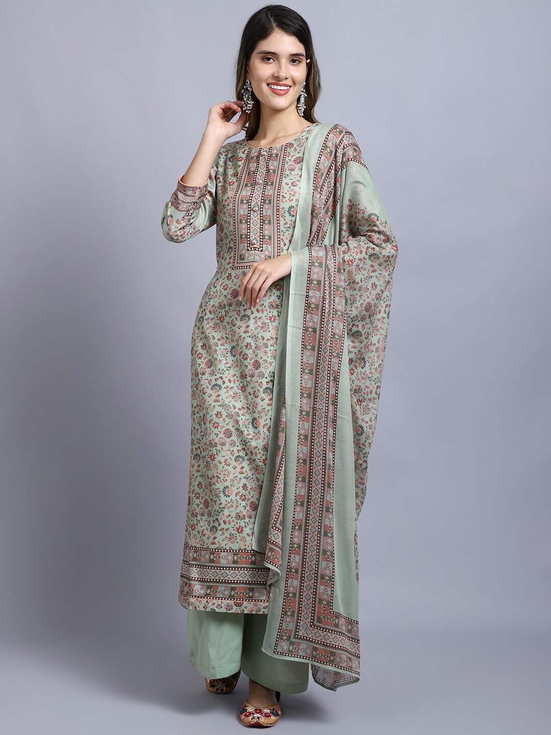 

Stylee LIFESTYLE Green & Beige Printed Unstitched Dress Material