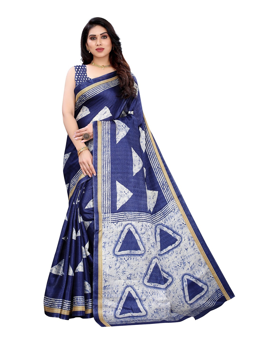 

Yashika Navy Blue & White Printed Art Silk Saree