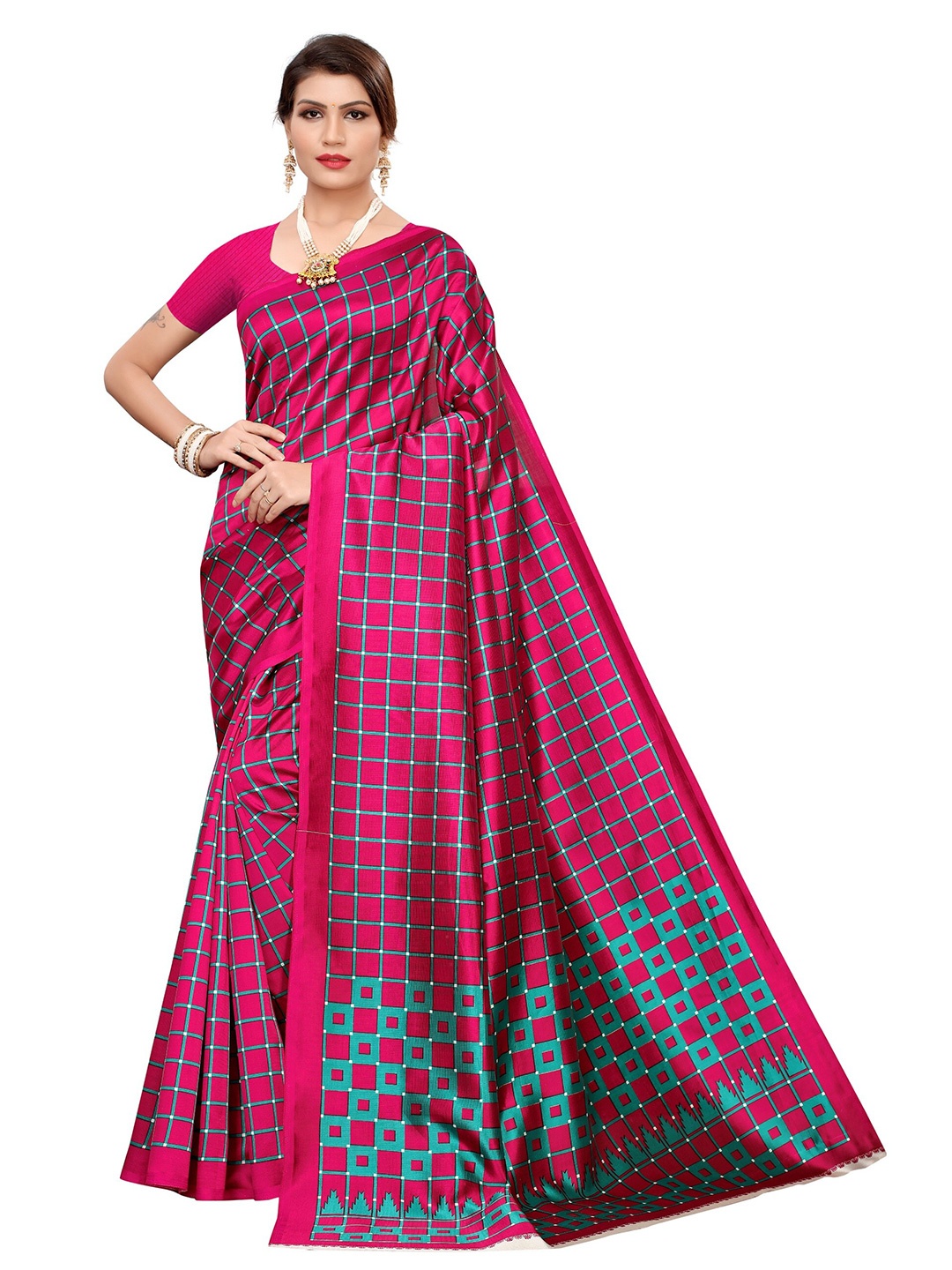 

Yashika Fuchsia & Blue Checked Art Silk Khadi Saree