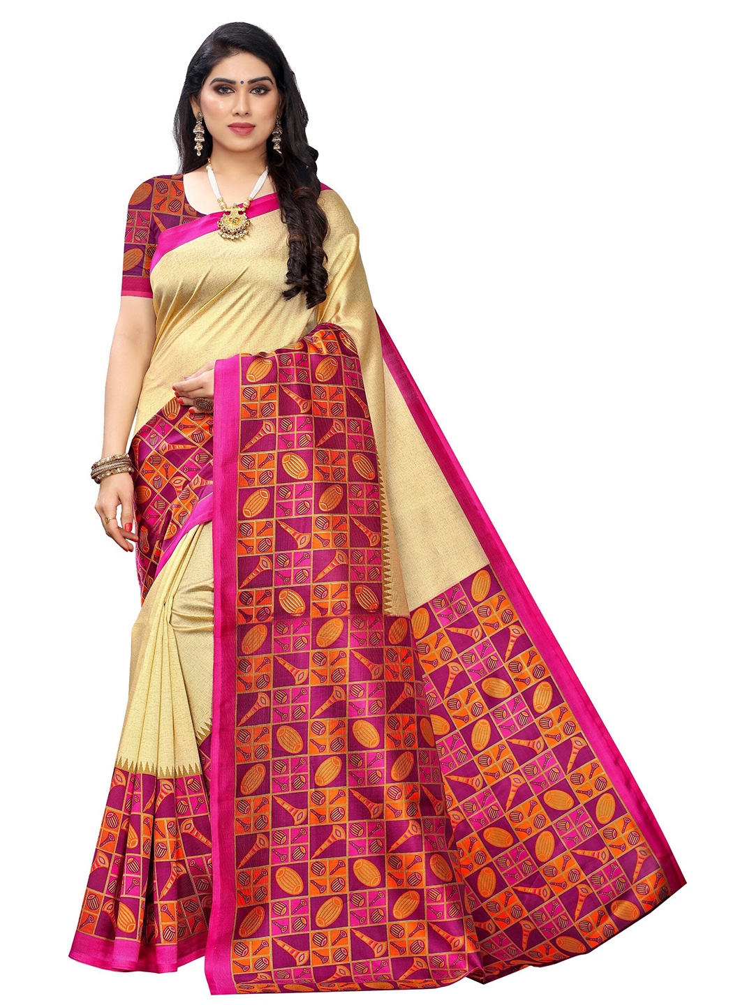 

Yashika Pink & Cream-Coloured Printed Art Silk Khadi Saree