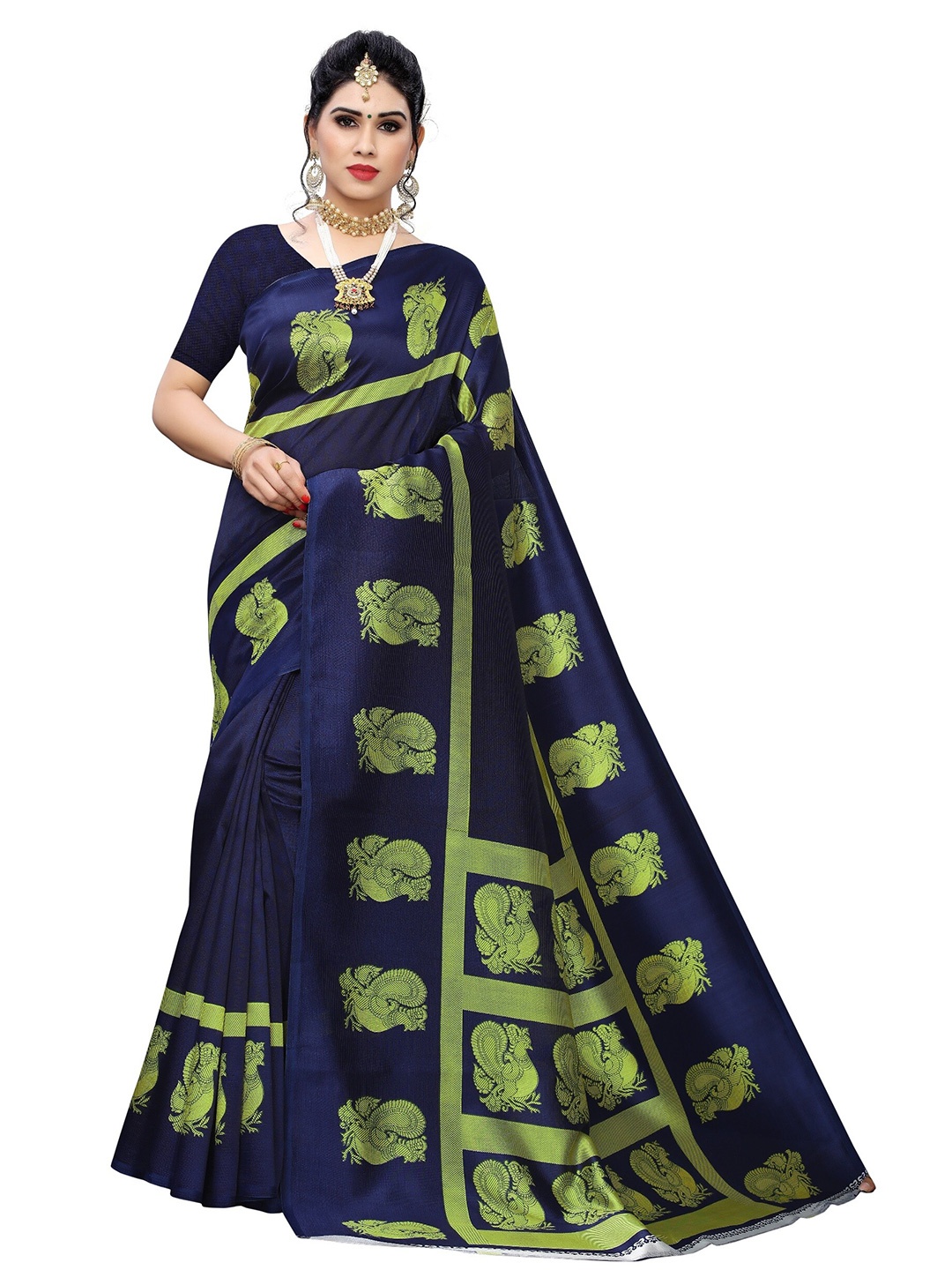 

Yashika Navy Blue & Green Ethnic Motifs Art Silk Saree
