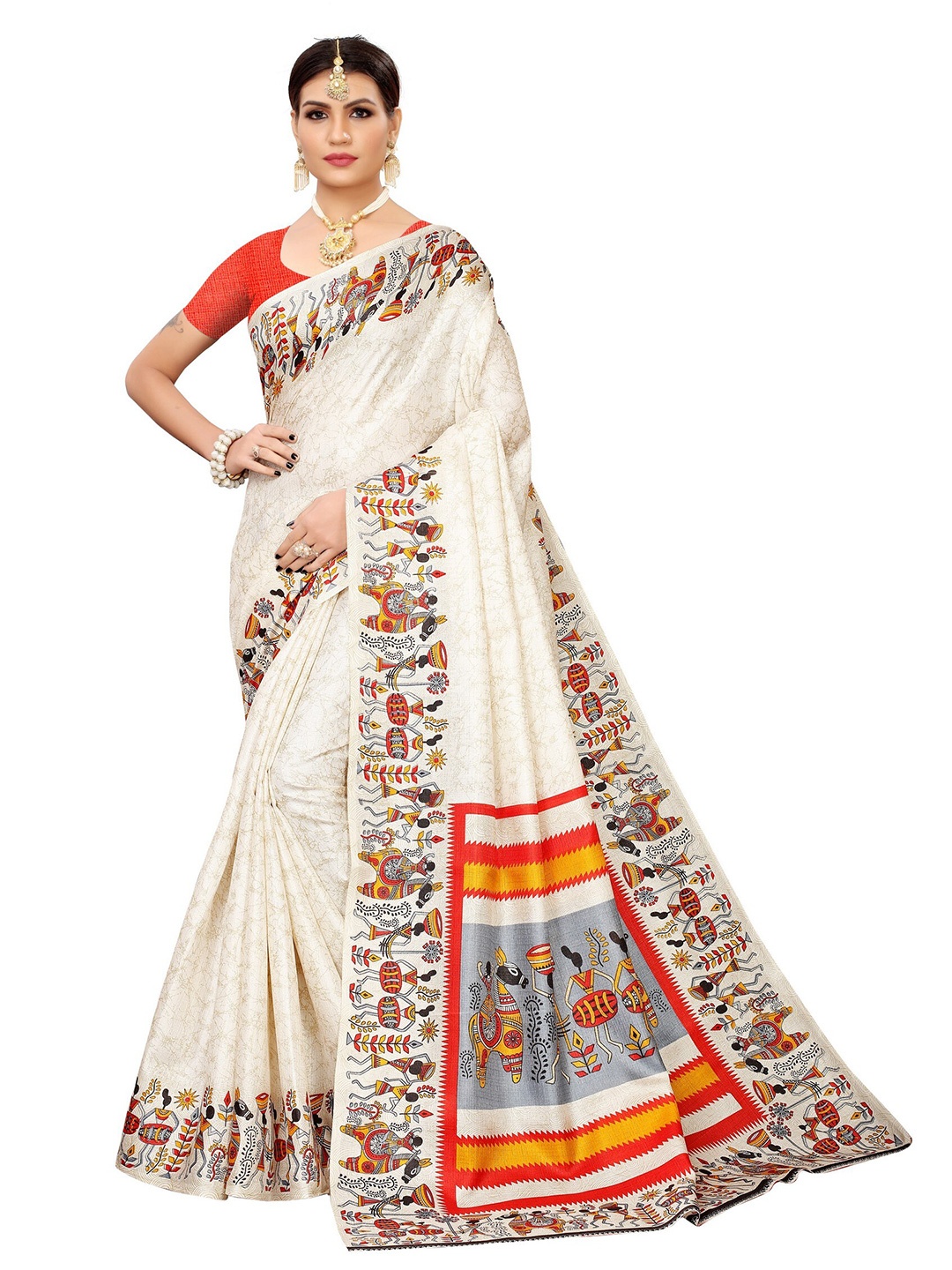 

Yashika Off-White & Orange Abstract Printed Art Silk Saree