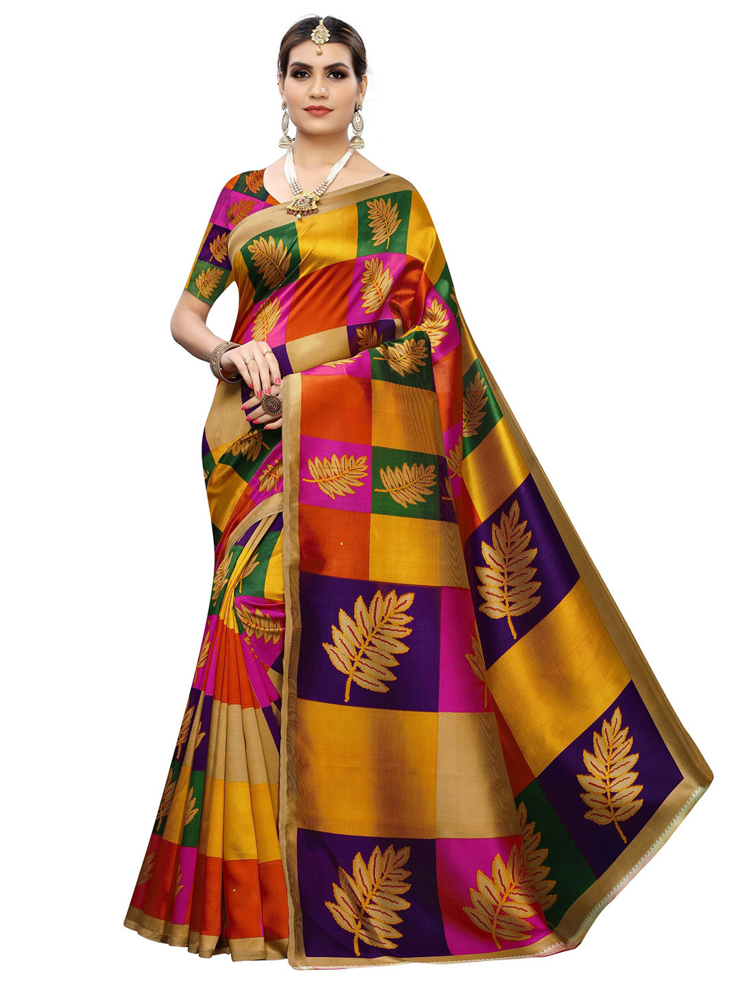 

Yashika Pink & Orange Floral Zari Art Silk Saree