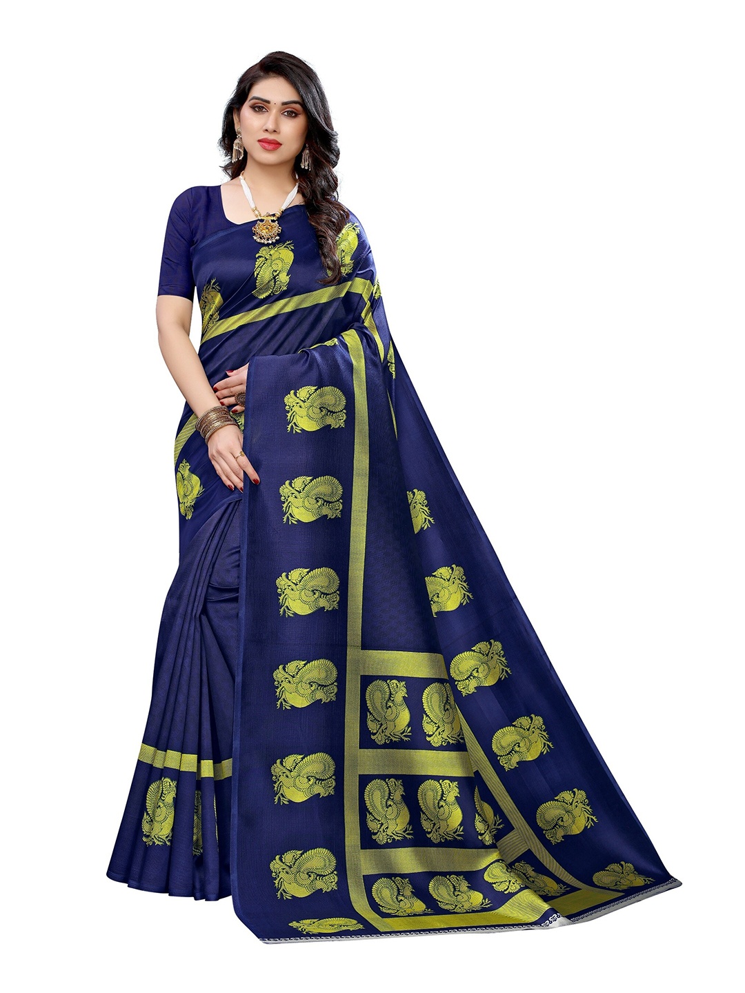 

Yashika Navy Blue & Green Ethnic Motifs Art Silk Saree