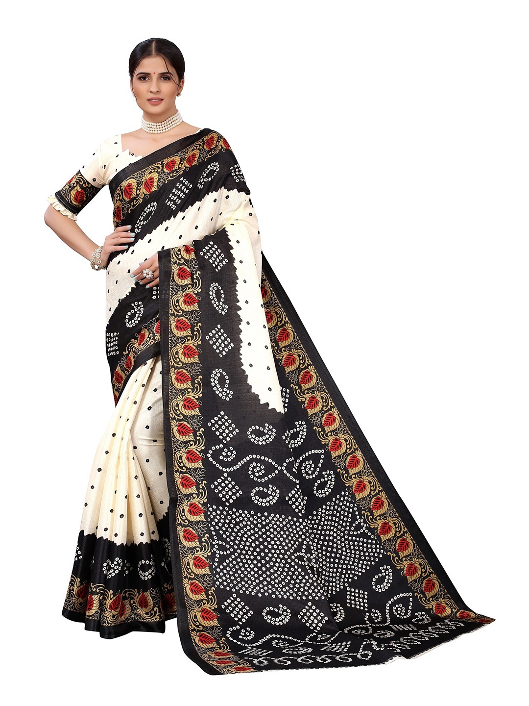 

Yashika Black & White Ethnic Motifs Art Silk Khadi Saree