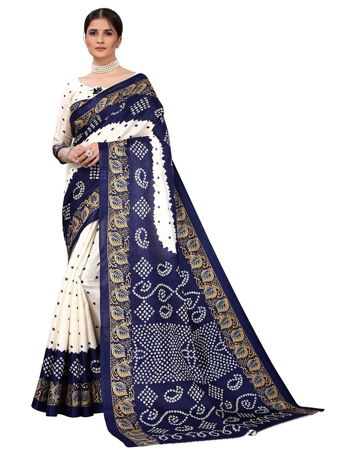 

Yashika Navy Blue & White Bandhani Printed Art Silk Saree