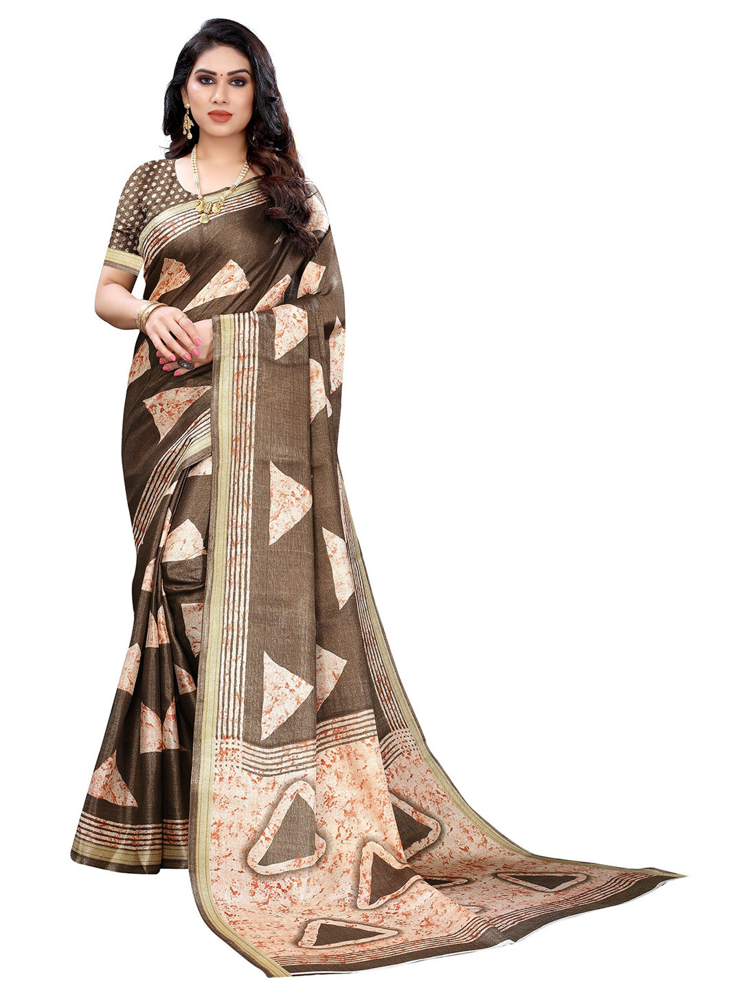 

Yashika Brown Zari Printed Art Silk Saree