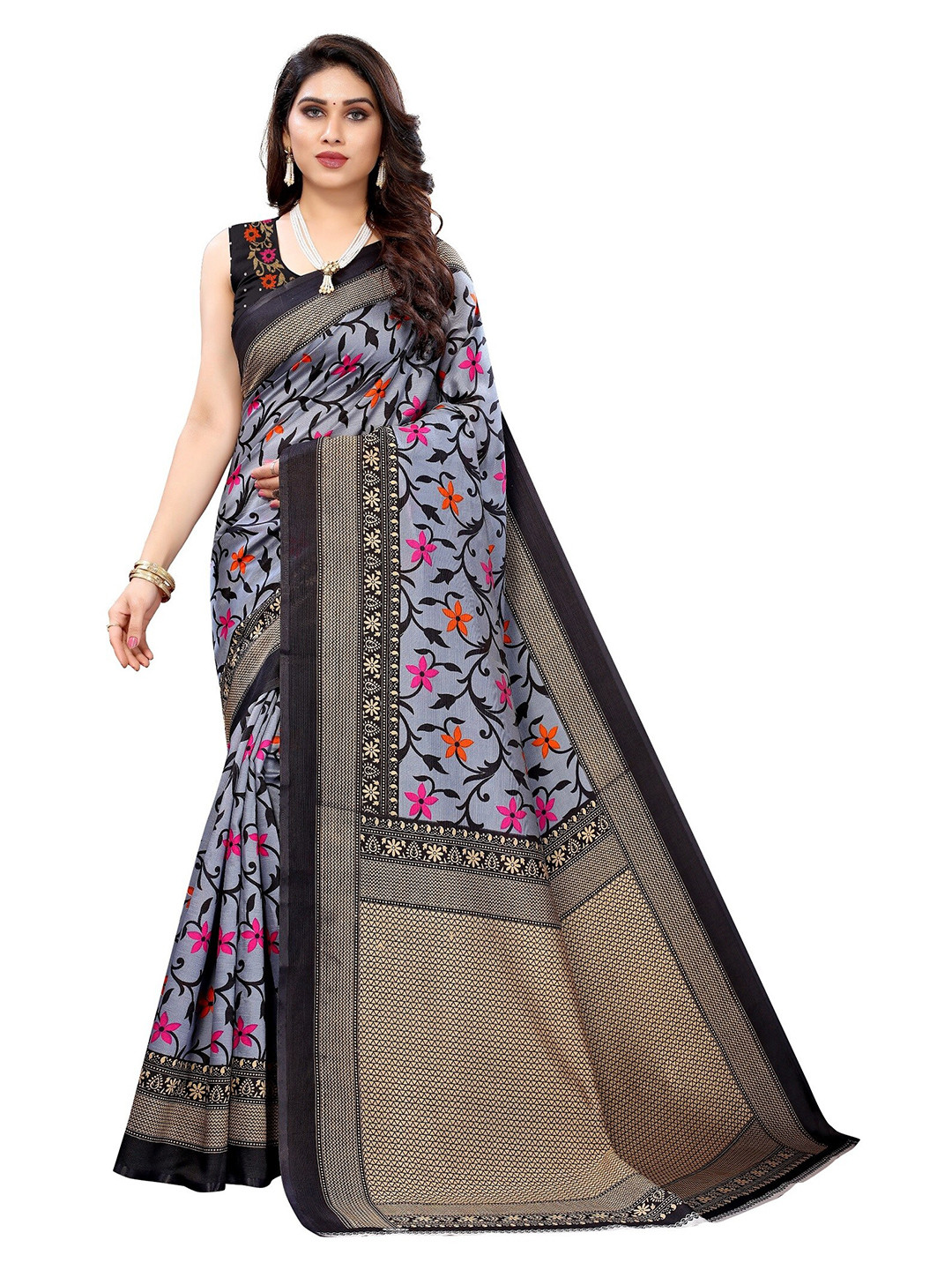 

Yashika Black & Pink Floral Printed Art Silk Saree