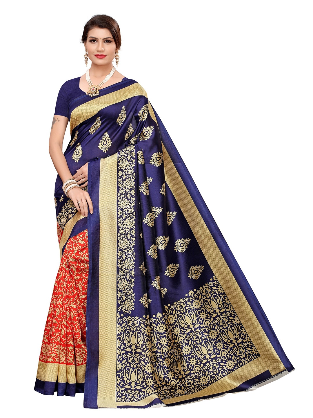 

Yashika Red & Navy Blue Ethnic Motifs Art Silk Khadi Saree