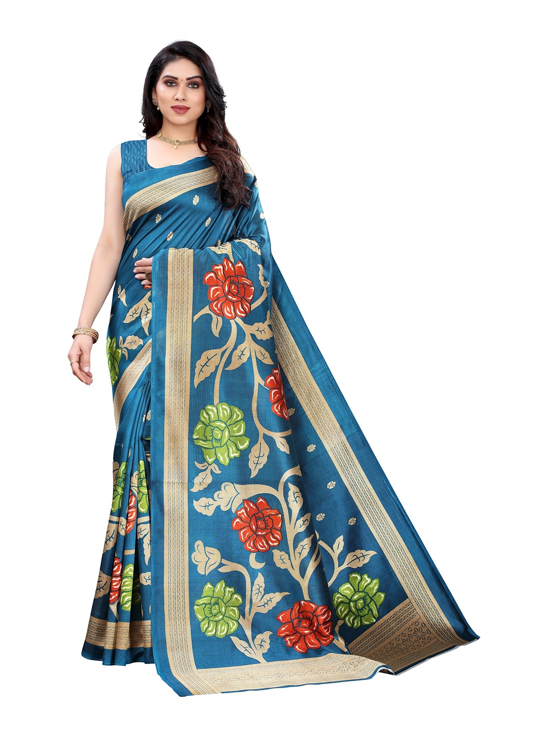 

Yashika Teal & Beige Floral Art Silk Saree