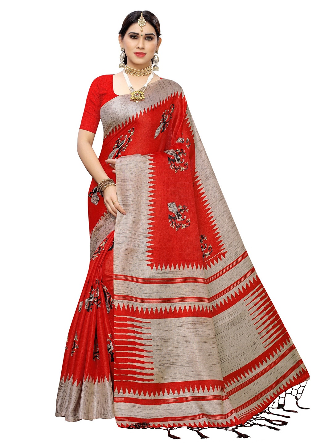 

Yashika Red & Grey Ethnic Motifs Printed Zari Art Silk Saree