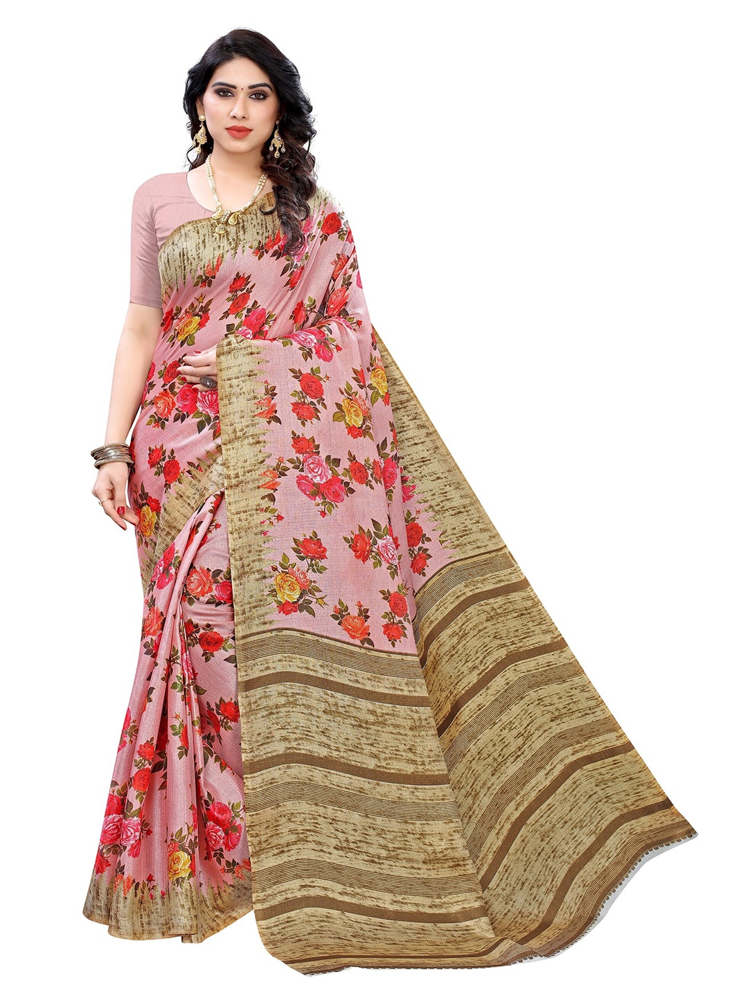 

Yashika Pink & Beige Floral Art Silk Saree