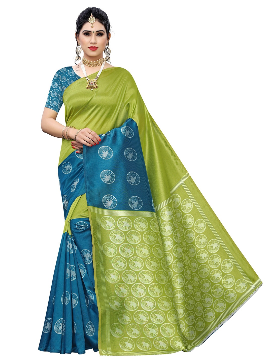 

Yashika Green & Blue Art Silk Khadi Saree
