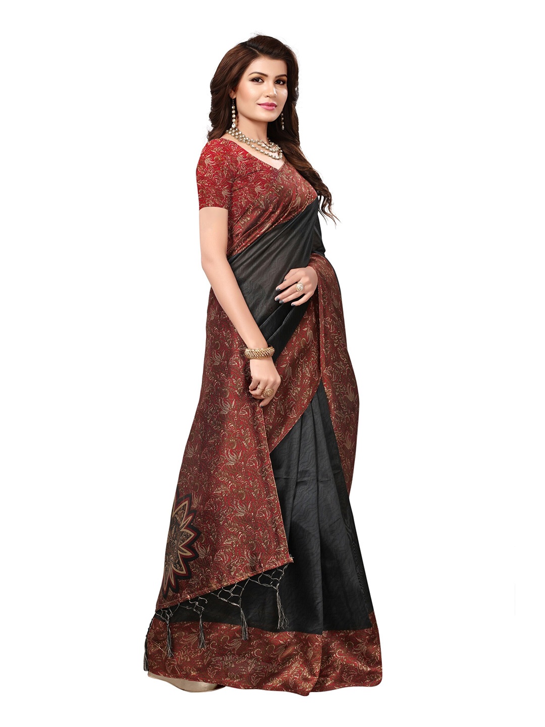 

Yashika Black & Red Floral Art Silk Saree