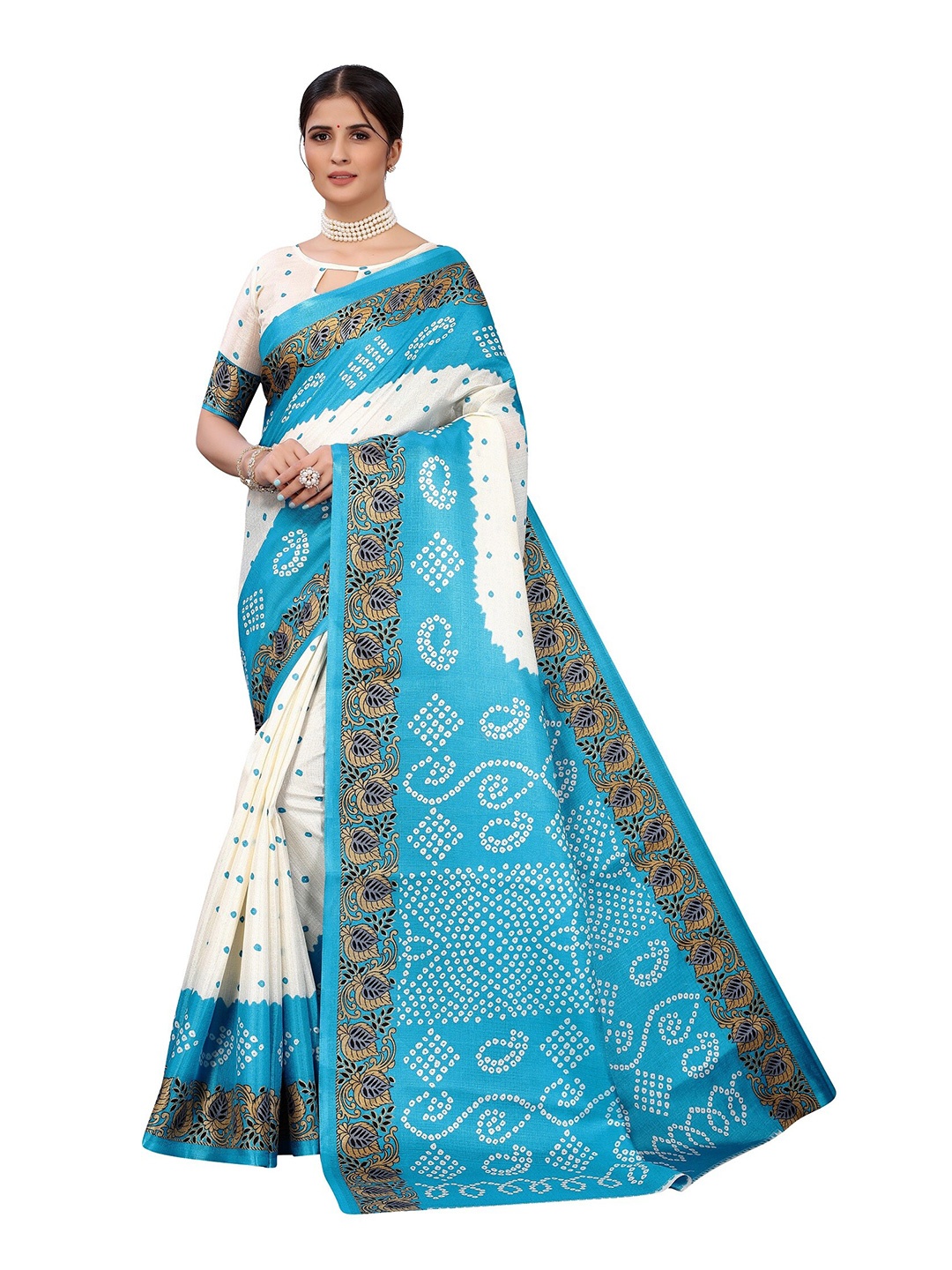 

Yashika Turquoise Blue & White Ethnic Motifs Art Silk Khadi Saree