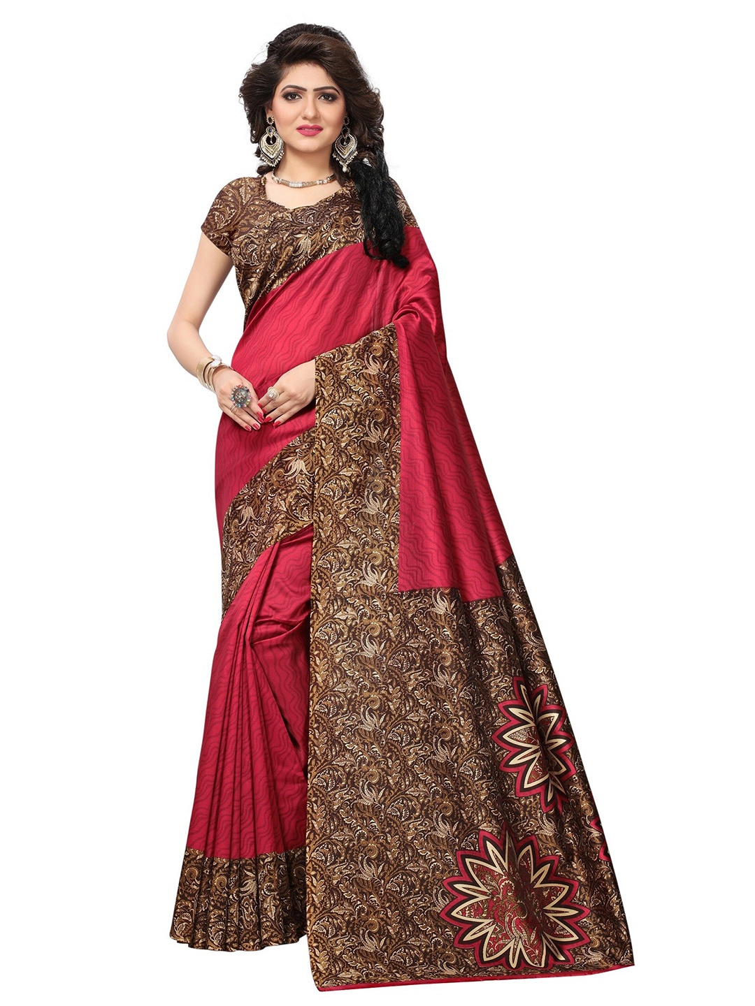 

Yashika Maroon & Brown Abstract Printed Art Silk Saree