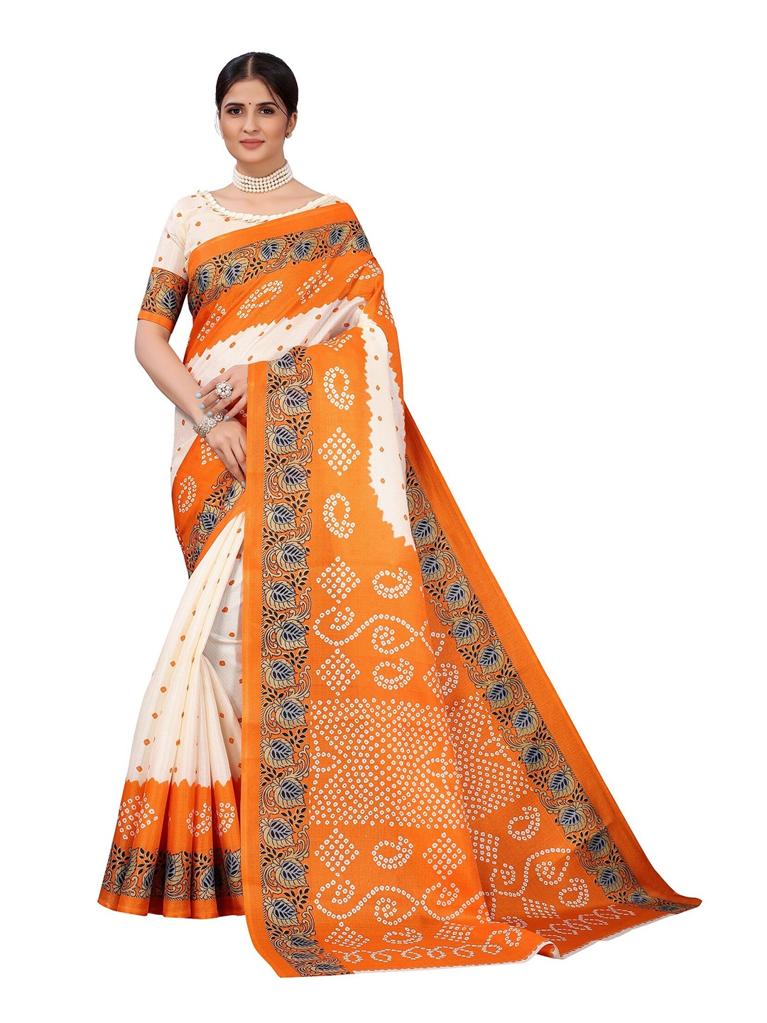 

Yashika Orange & White Floral Art Silk Saree