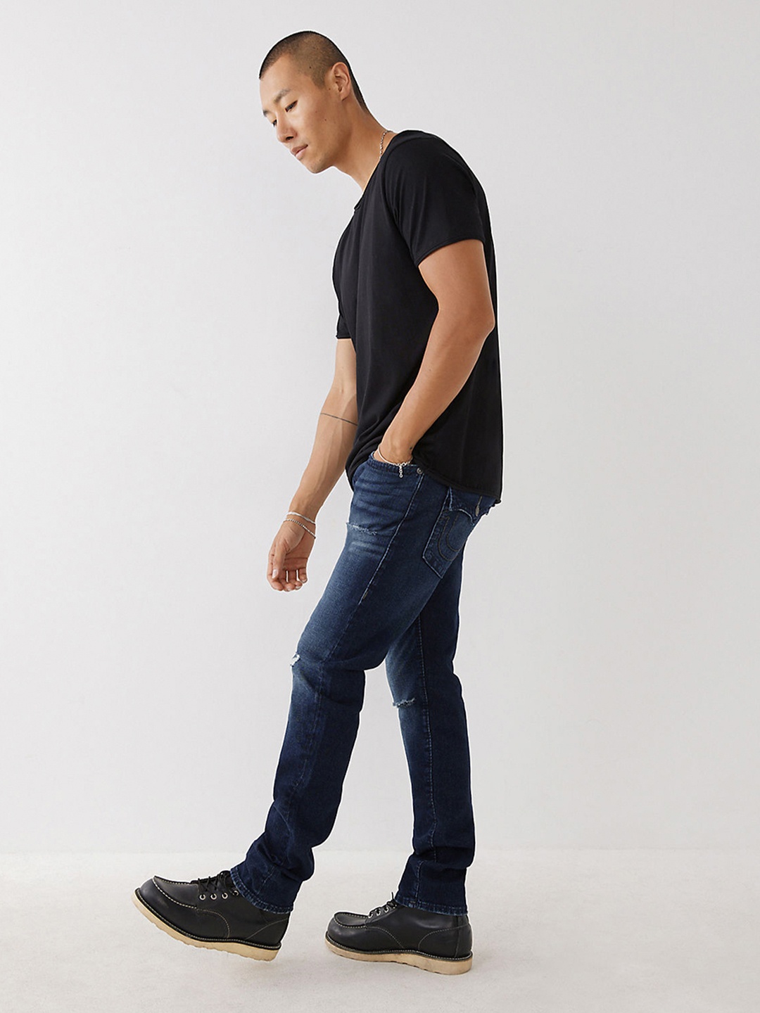 

True Religion Men Blue Slim Fit Slash Knee Light Fade Jeans