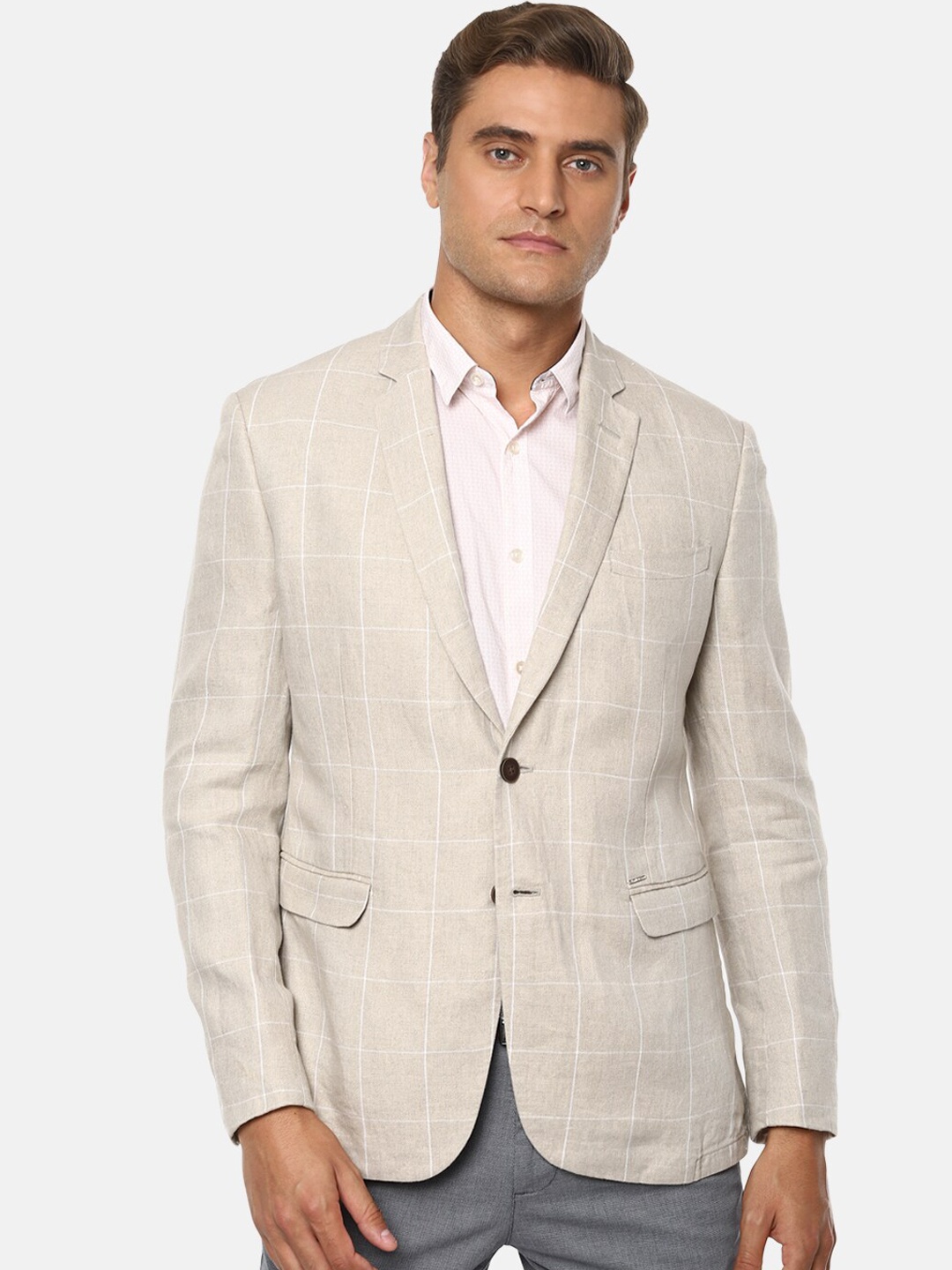 

Van Heusen Sport Men Beige Solid Linen Single Breasted Slim-Fit Blazers