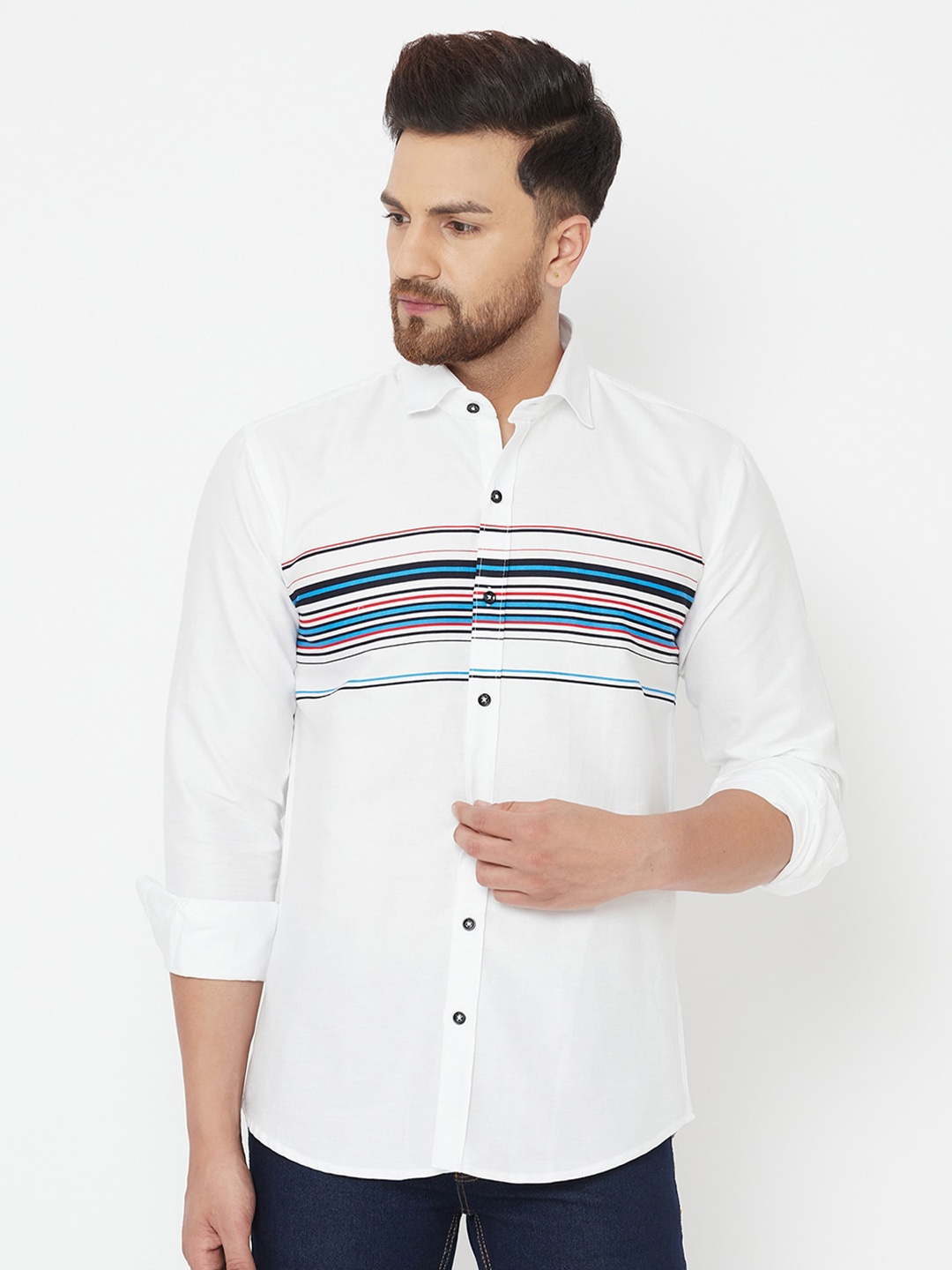 

JOLLY'S Men White Straight Horizontal Striped Casual Shirt